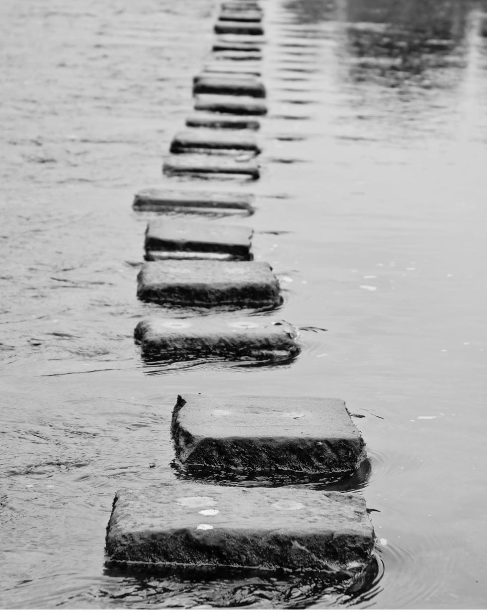 Stepping stones crossing still water at Bolton Abbey
